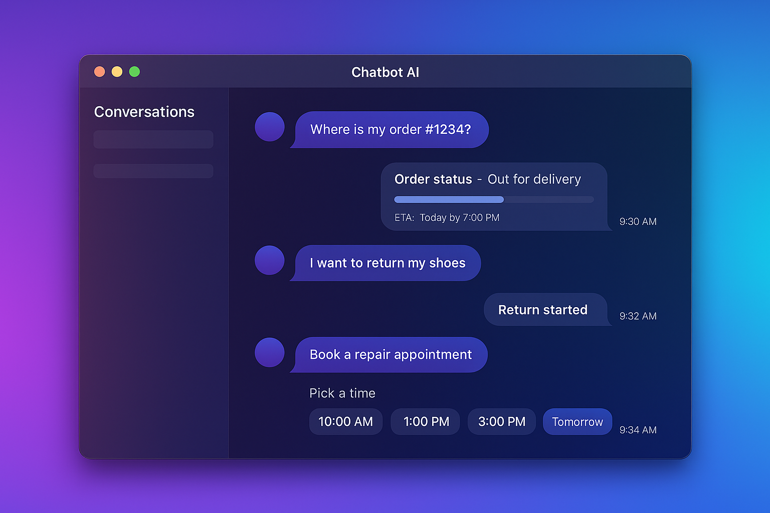 روبوت المحادثة يتعامل مع حالة الطلب وبدء المرتجعات وحجز موعد الإصلاح مع اختيار الوقت